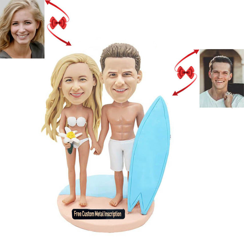 Couple With Surf Skateboard Custom Bobblehead