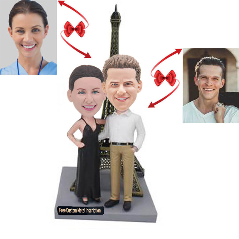 Anniversary Couple In Front Of The Eiffel Tower Custom Bobbleheads
