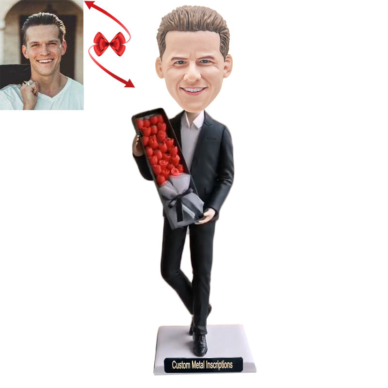 A Man Holding A Box Of Roses Custom Bobblehead