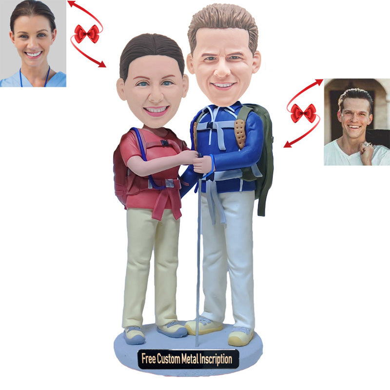 Hiking Couple Custom Bobblehead with Free Metal Inscription