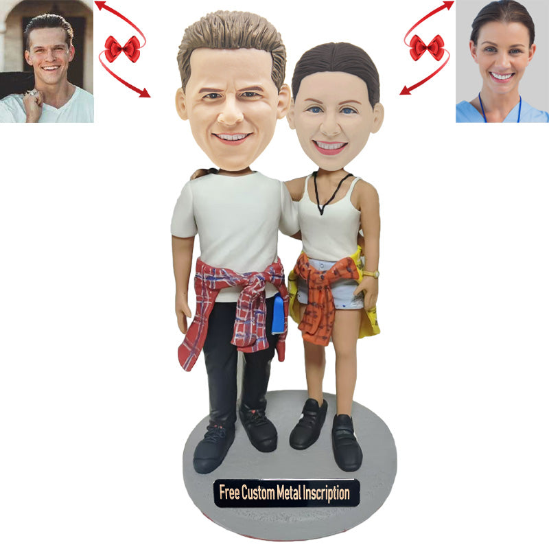 Leisure Couple Custom Bobblehead with Free Metal Inscription