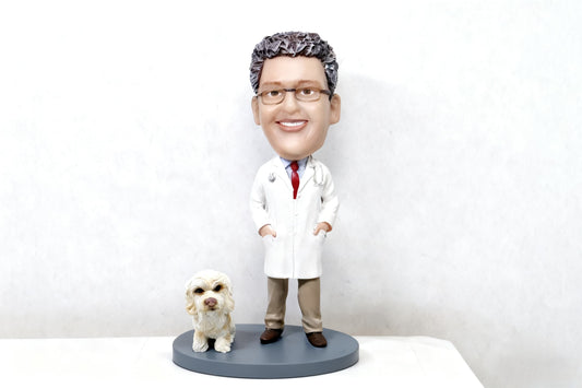 Doctor in a white coat and a dog