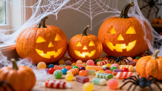 Halloween pumpkins, candy and spiders