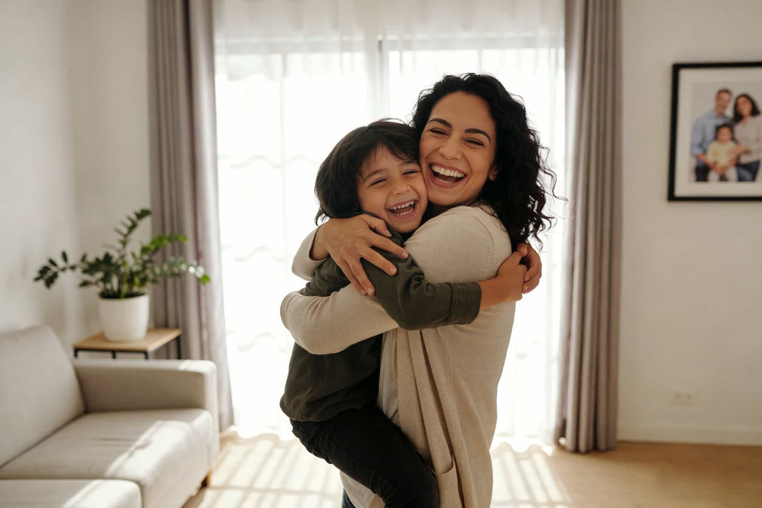 Mother hugs child