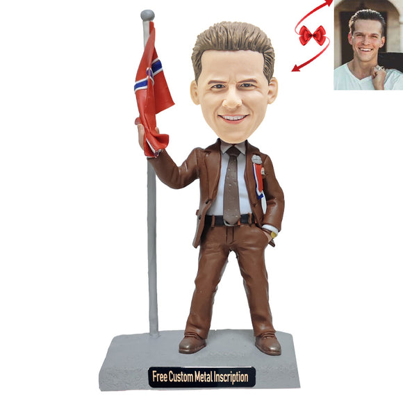 A Man Holding A National Flag Custom Bobblehead with Free Metal Inscription