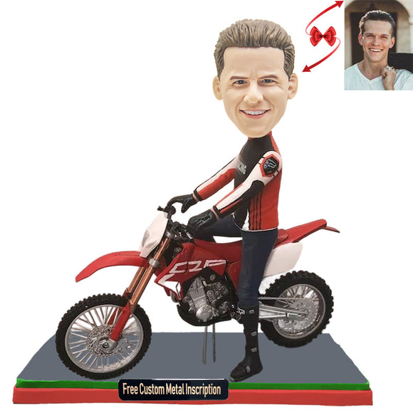 A Man Riding an Off-road Motorcycle Custom Bobblehead with Free Metal Inscription