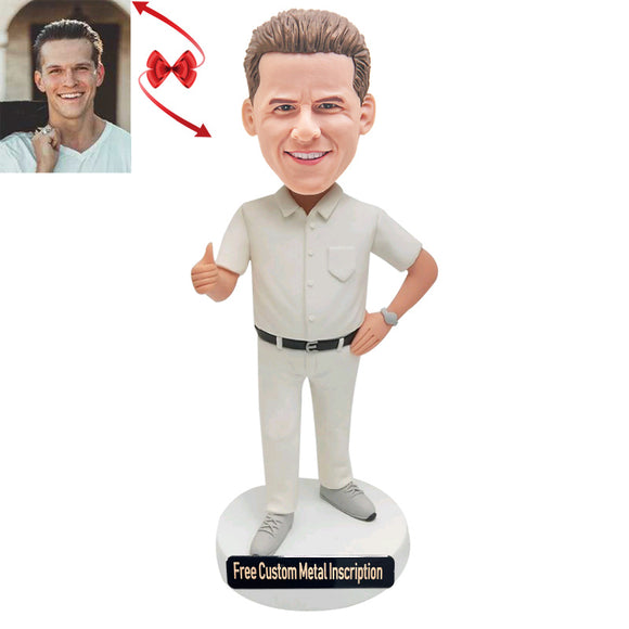 A Man Wearing A White Shirt Custom Bobblehead with Free Metal Inscription