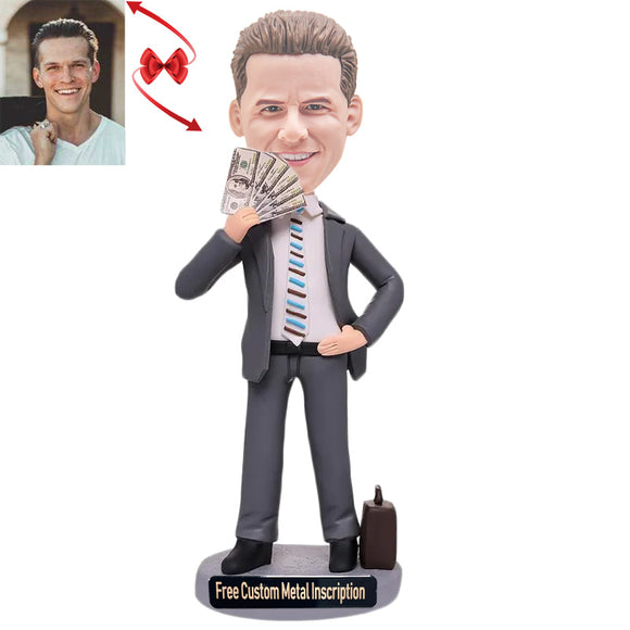 A Man with Dollars In His Hand Custom Bobblehead with Free Metal Inscription