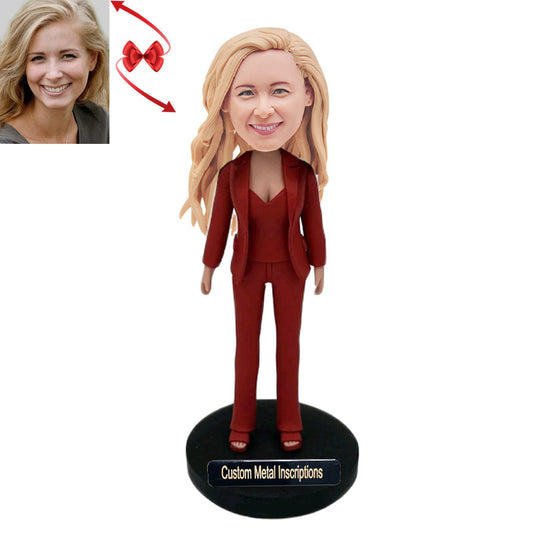 A Woman Wearing A Red Suit Custom Bobblehead