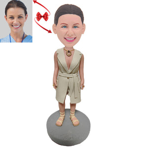 A Woman in Woman's V-neck Shirt Skirt Custom Bobblehead