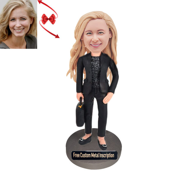 Black Suit for Woman Custom Bobblehead with Free Metal Inscription