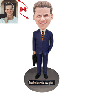 Blue Suit Employee Custom Bobblehead with Free Metal Inscription