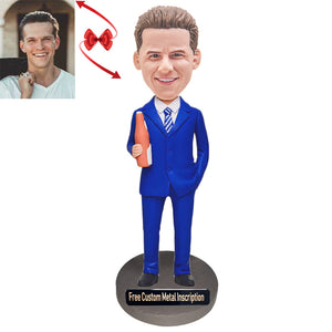 Business Man Drinking Beer Custom Bobblehead with Free Metal Inscription