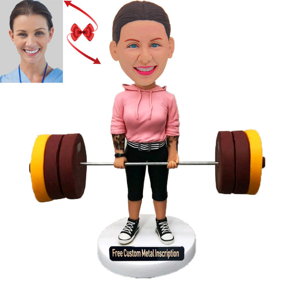 Female Weightlifter Custom Bobblehead with Free Metal Inscription