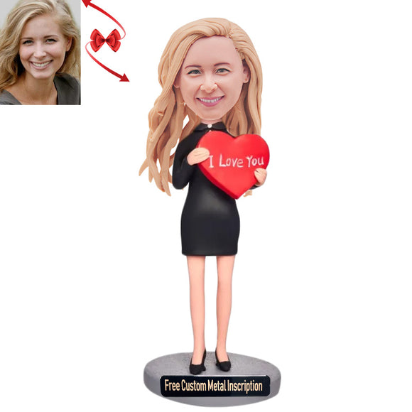 Girlfriend with A Heart in Hand Custom Bobblehead with Free Metal Inscription