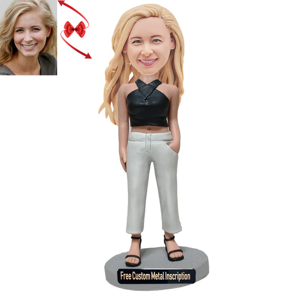 Lady in Hanging Neck Sexy Vest Custom Bobblehead with Free Metal Inscription