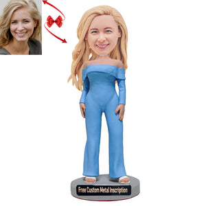 Lady in Off Shoulder Foldover Flare Leg Jumpsuit Custom Bobblehead with Free Metal Inscription