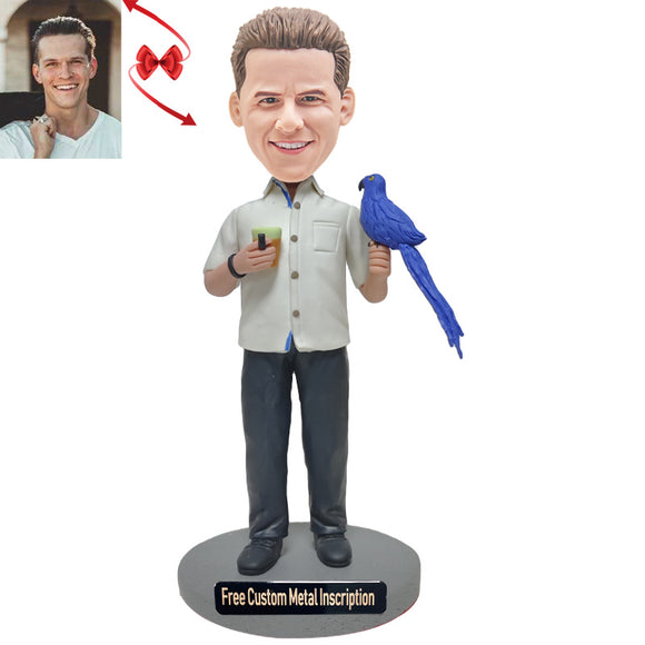 Man and Parrot Custom Bobblehead with Free Metal Inscription