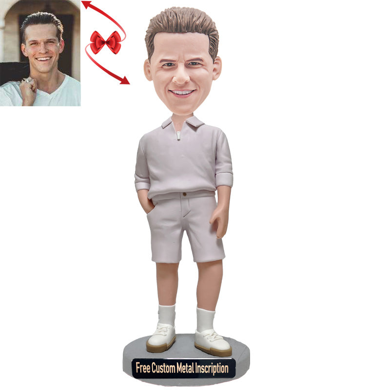 Man in Regular Fit Linen-blend Short Custom Bobblehead with Free Metal Inscription