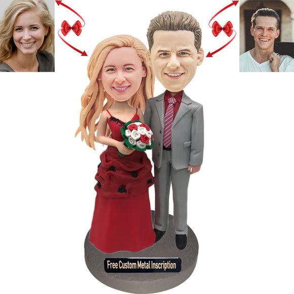 Red Themed Wedding Custom Bobblehead with Free Metal Inscription