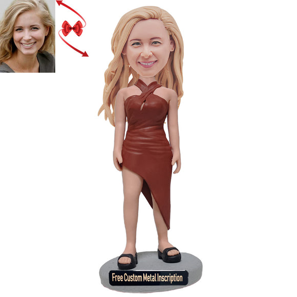 Sexy Lady in Draped Knit Dress Custom Bobblehead with Free Metal Inscription