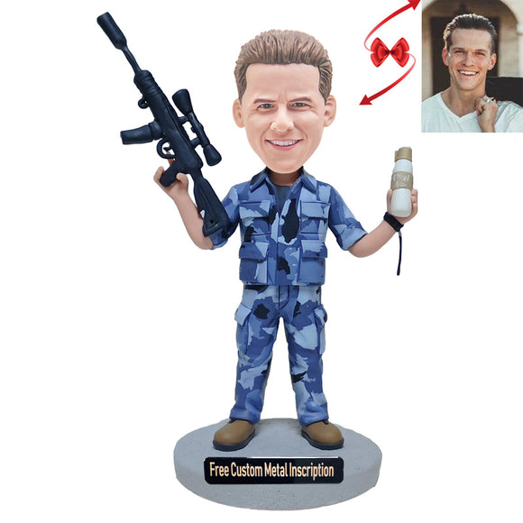 Soldier in Blue Camouflage Uniform Custom Bobblehead with Free Metal Inscription