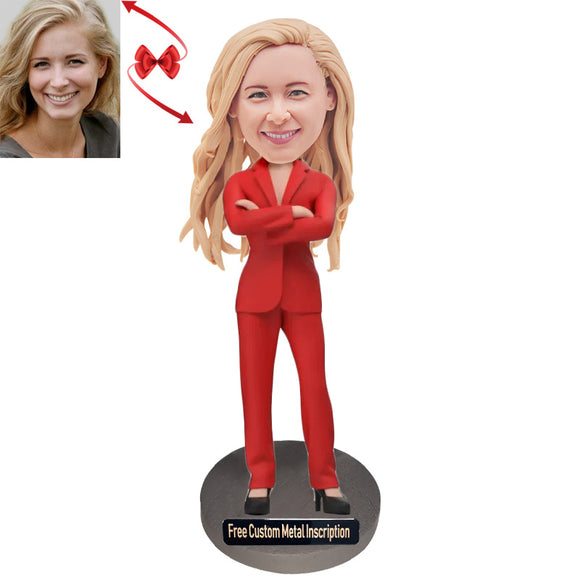 The Female Boss In A Red Suit Custom Bobblehead with Free Metal Inscription