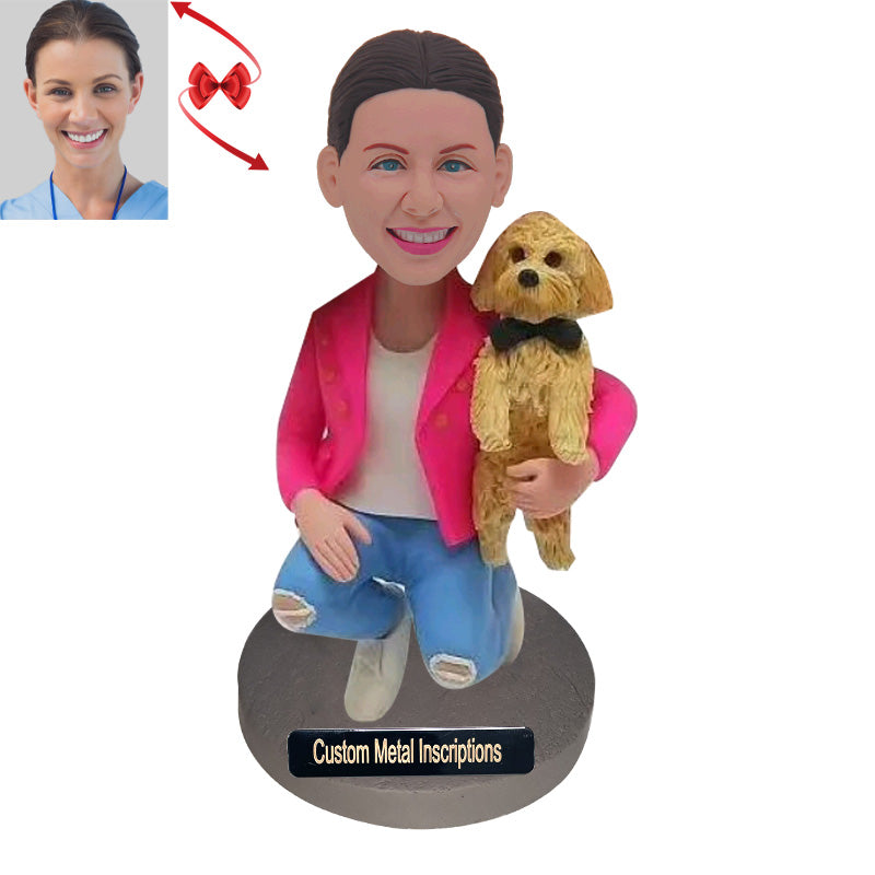 The Lady in A Pink Coat And Her Dog Custom Bobblehead