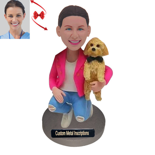 The Lady in A Pink Coat And Her Dog Custom Bobblehead