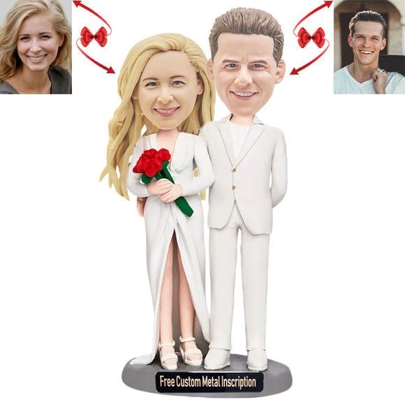 White Wedding Couple Custom Bobblehead with Free Metal Inscription