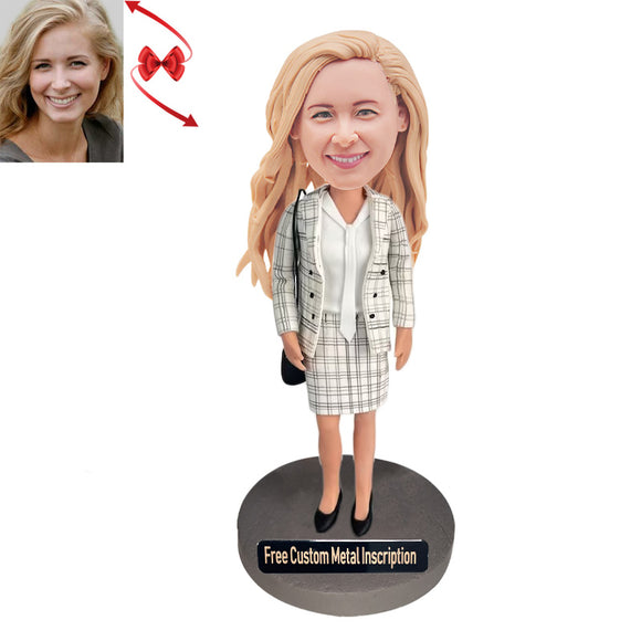 Woman's plaid Suit  Custom Bobblehead with Free Metal Inscription