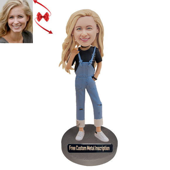 Woman in Jeans with Straps Custom Bobblehead with Free Metal Inscription