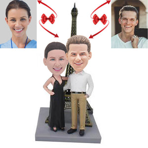Anniversary Couple In Front Of The Eiffel Tower Custom Bobbleheads
