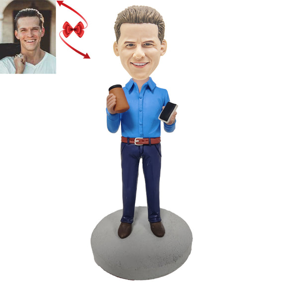 Business Man Holding Coffee And Mobile Phone Custom Bobbleheads