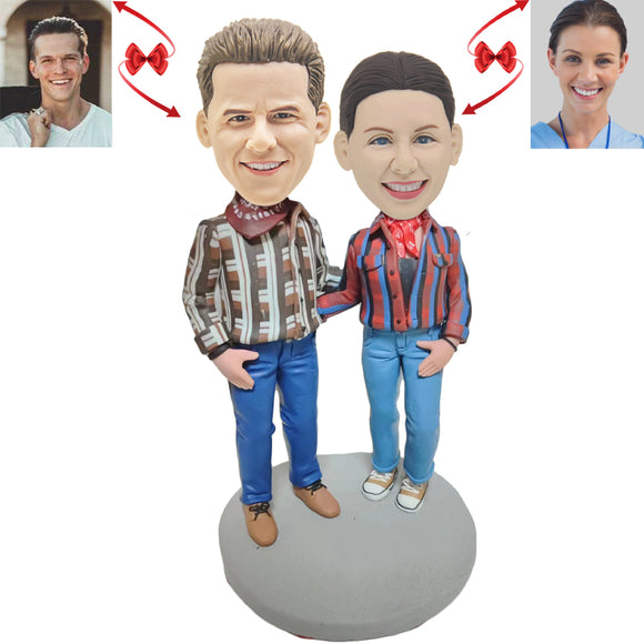 Couples Wearing Checked Shirts Custom Bobblehead