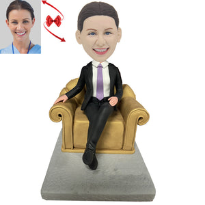 Female Boss Sitting Golden Sofa Custom Bobblehead