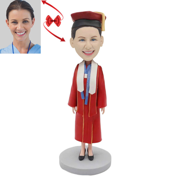 Female Graduates In Red Gown Custom Bobblehead