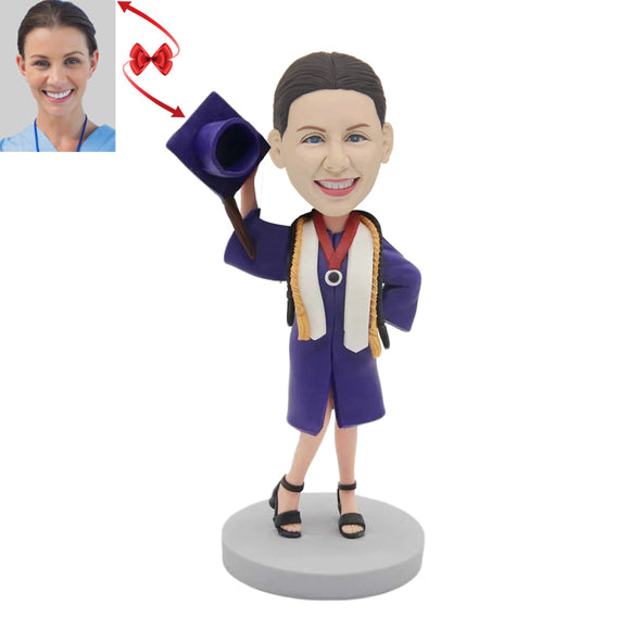 Female Gratuates In Purple Gown with A Mortarboard Custom Bobblehead