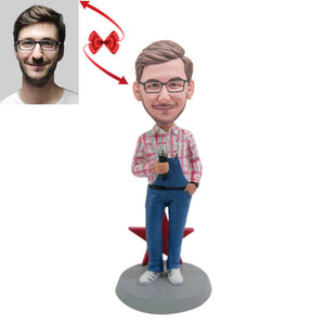 Man In Overall With A Microphone Custom Bobblehead