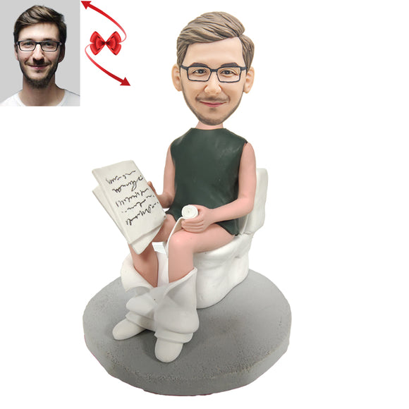 Man Sitting On The Toilet And Reading A Book Custom Bobbleheads